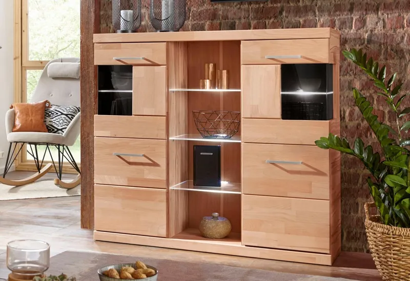 OTTO home Highboard Ribe,120cm breit,112cm hoch,Oberplatte massiv,12 Fächer, Holz massiv, Holzwerkstoff, Metall Griffe,2Türen mit Glaseinsatz, Braun, – Produktbild 5 von 8