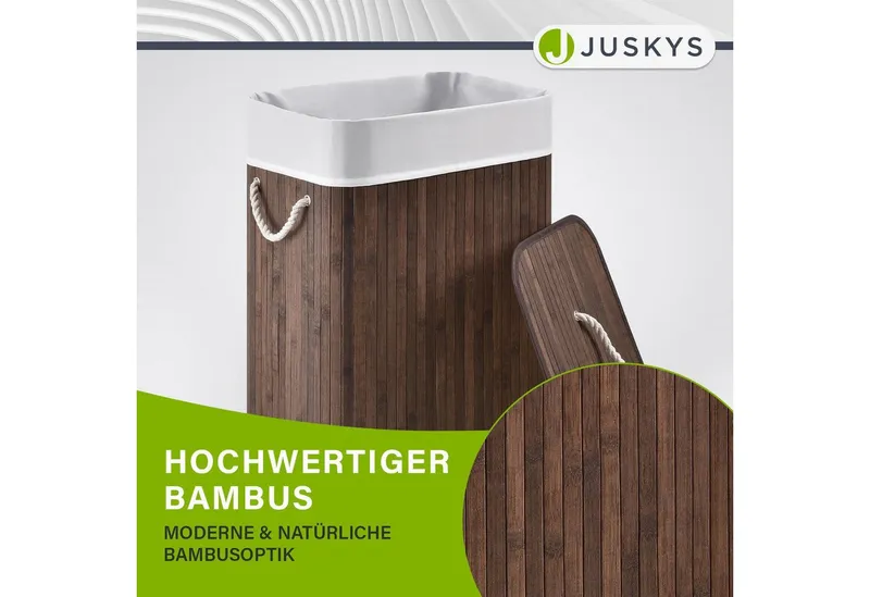 Juskys Wäschekorb Curly 72 L in Braun aus Bambus mit Deckel & waschbarem Wäschesack, Wäschesammler für 2 Personen, faltbar mit Griffen, 40 x 30 x 60 cm, Braun, – Produktbild 5 von 5