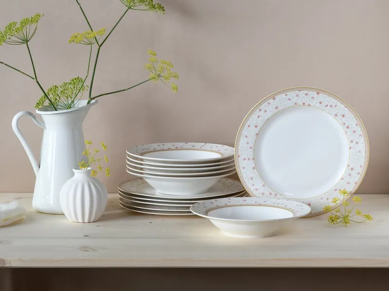 creaTable Tafelservice Emilja, Tafel-Service 12-tlg (12-tlg), 6 Personen, Porzellan, Teller Set, Blumendekor, Weiß, – Produktbild 1 von 5
