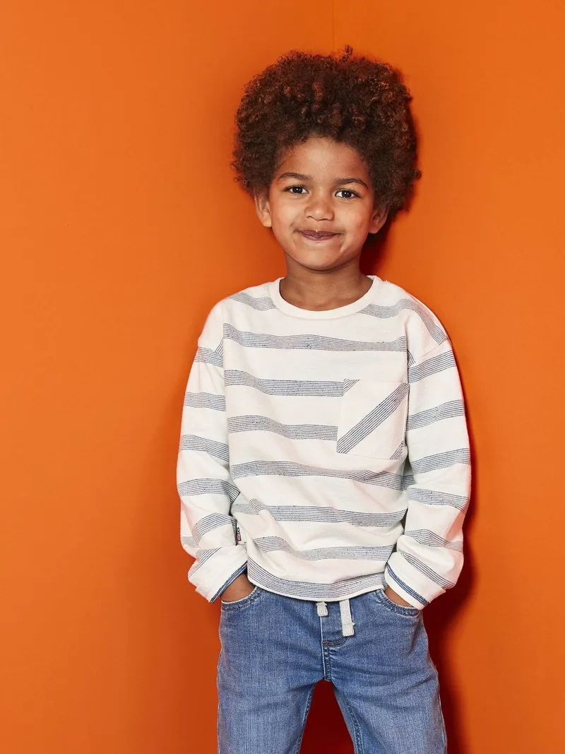 Vertbaudet Jungen Shirt in Streifen-Optik, Weiß gestreift, – Produktbild 1 von 4