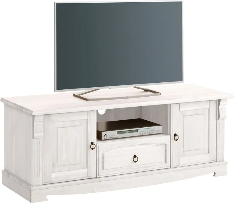 OTTO home Lowboard Anna, TV-Bank, TV-Schrank, im Landhaustil (Gesamtmaße (B/T/H): ca. 140/44/50 cm), TV-Board, Breite 140 cm, 2 Türen, 1 Schublade, Massivholz, FSC®, Weiß, – Produktbild 1 von 5