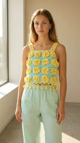 KnitToChange KnitToChange Handgehäkeltes Crop-Top mit 3D-Blüten in Mint & Gelb – Produktbild 1 von 1