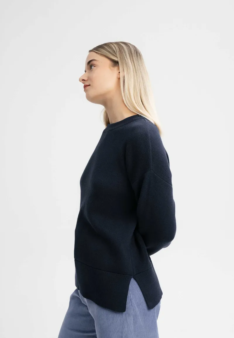 MELA MELA Damen vegan Strickpullover Boxy Jacquard Faiza Marineblau, Extra dunkelblau, – Produktbild 1 von 2