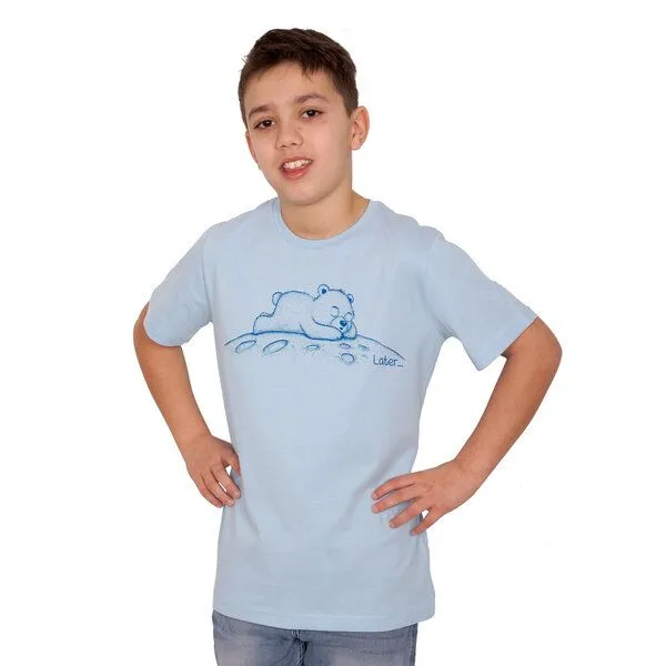 HANDGEDRUCKT HANDGEDRUCKT "Later" Kinder T-Shirt aus Biobaumwolle (kbA) Bär, Lightblue, – Produktbild 1 von 3