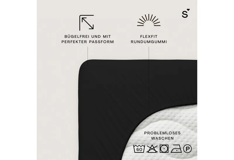 Schlafgut Schlafgut Spannbettlaken Basic Cotton Bettlaken, 160 g/m², 100% Baumwolle, Spannbetttuch, Jersey, Gummizug: rundum, (1 Stück), Spannbettlaken bis 20 cm Matratzenhöhe, bügelfrei und pflegeleicht, Schwarz, – Produktbild 3 von 5