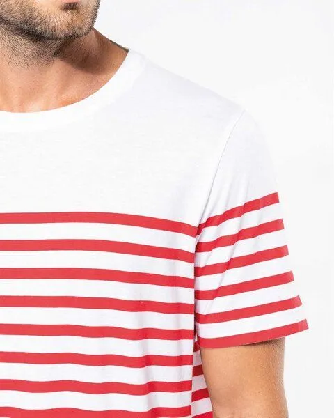 YTWOO YTWOO Nachhaltiges Herren-T-Shirt mit Rundhalsausschnitt im Marine-Stil, Weiß/rot gestreift, – Produktbild 2 von 4
