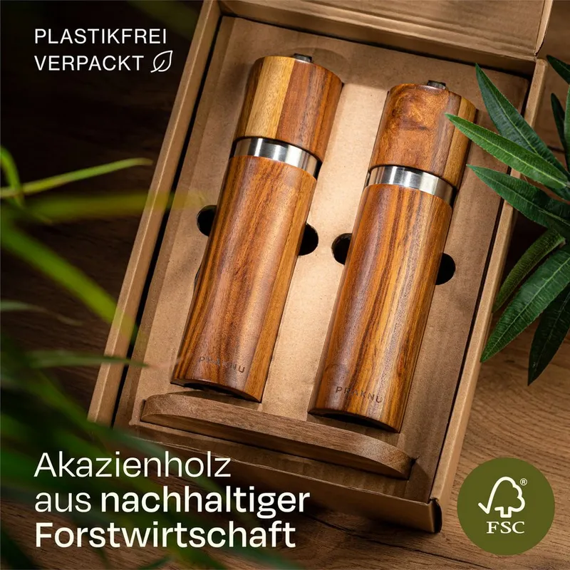 Praknu Salz-/Pfeffermühle Salz und Pfeffermühle aus Akazienholz mit Untersetzer manuell, Beige, – Produktbild 5 von 5