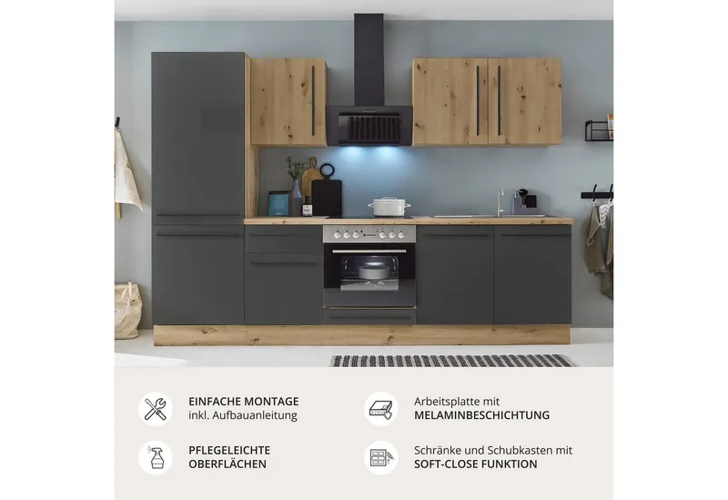 KOCHSTATION Küchenzeile KS-Florida mit 38mm starker Arbeitsplatte, Breite 270 cm, wahlweise mit E-Geräten, Soft-Close-Funktion, Schwarz, – Produktbild 3 von 5