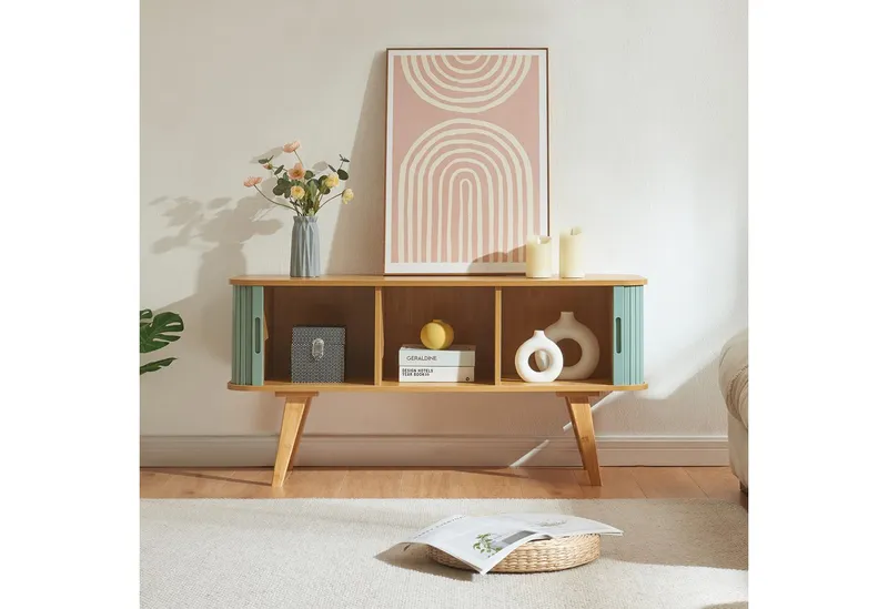 en.casa TV-Schrank »Tysvær« mit 2 Schiebetüren 120 x 40 x 58 cm Bambus/Blau, Blau, – Produktbild 2 von 5