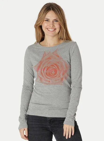 Peaces.bio - handbedruckte Biomode Peaces.bio - handbedruckte Biomode Bio-Damen-Langarmshirt Rose, Hellgrau, – Produktbild 1 von 2