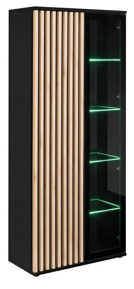 Furn.Design Stauraumvitrine Morgan (Vitrinenschrank Schwarz mit Eiche Lamellen, 80 x 192 cm, 10 Fächer) mit Push-to-Open, inklusive LED Beleuchtung, Schwarz, – Produktbild 3 von 5