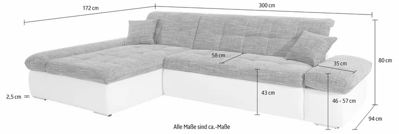 DOMO collection Ecksofa MORIC 300x172 cm, XXL-Sofa mit viel Platz, L-Form, auch in Cord, wahlweise mit Bettfunktion und Armteilverstellung. Schwarz-weiß-grau, Grau|schwarz, – Produktbild 6 von 8