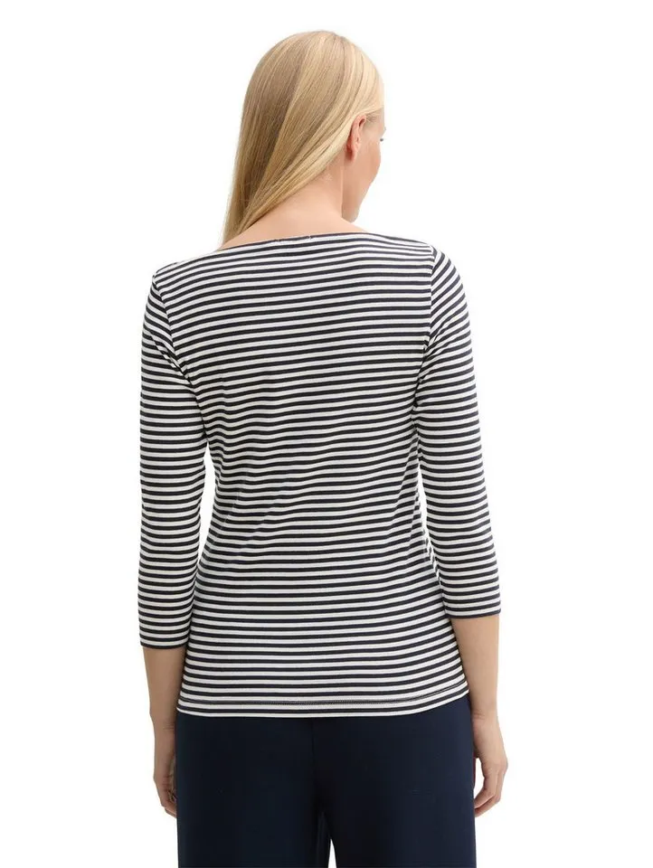 Tom Tailor Tom Tailor T-Shirt Gestreiftes mit Herz-Logo auf der Brust für Damen (1-tlg) Bio-Baumwolle nachhaltig Regular Fit Normal 3-4 Ärmel, Blau, – Produktbild 3 von 5
