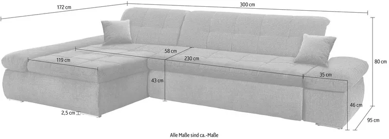 DOMO collection Ecksofa NMORIC XXL, 300x172x80cm, viel Platz, bequem, L-Form, wahlweise mit Bettfunktion und Armlehnverstellung, Grau, – Produktbild 8 von 8