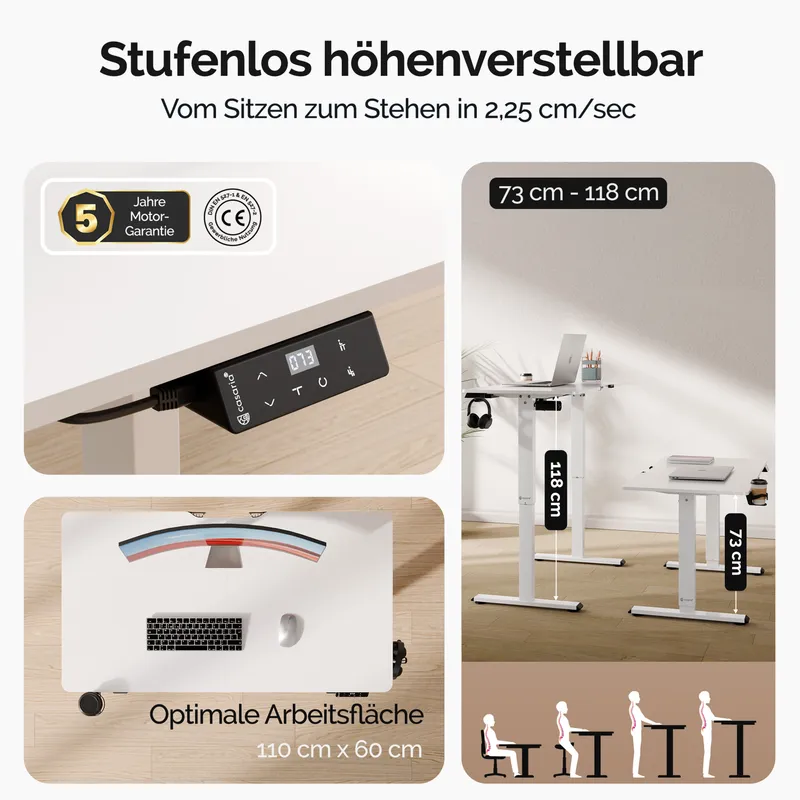 Casaria® Höhenverstellbarer Schreibtisch Weiß 110x60x73-118cm, Weiß, – Produktbild 2 von 2