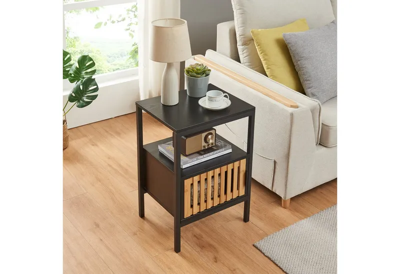 en.casa Nachttisch, »Luniehti« 58 x 40 x 33 cm mit Metallgestell Schwarz/Natur, Schwarz, – Produktbild 3 von 4