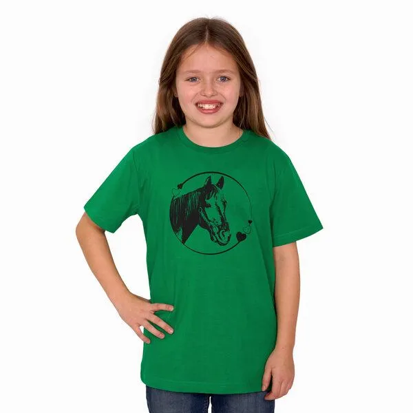 HANDGEDRUCKT HANDGEDRUCKT "Pferdeliebe" Unisex Kinder T-Shirt, Kellygreen, – Produktbild 1 von 3