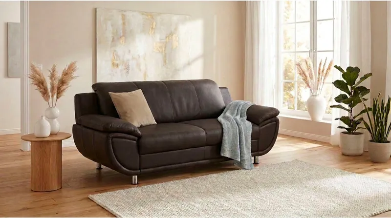 TRENDMANUFAKTUR 3-Sitzer Rondo 207 cm, 3-Sitzer, komfortabel, Federkern optional, Chromfüße, wahlweise mit Federkern, pflegeleichte Bezügen, Unser Dauertiefpreis, Braun, – Produktbild 1 von 5
