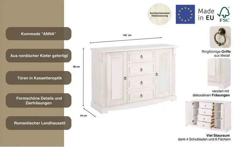 OTTO home Sideboard Anna, Kommode, im Landhausstil, Made in EU (Gesamtmaße (B/T/H): ca. 140/44/88 cm), Kommode, Breite 140 cm, 4 Schubladen, 2 Türen, Massivholz, FSC®, Weiß, – Produktbild 3 von 5