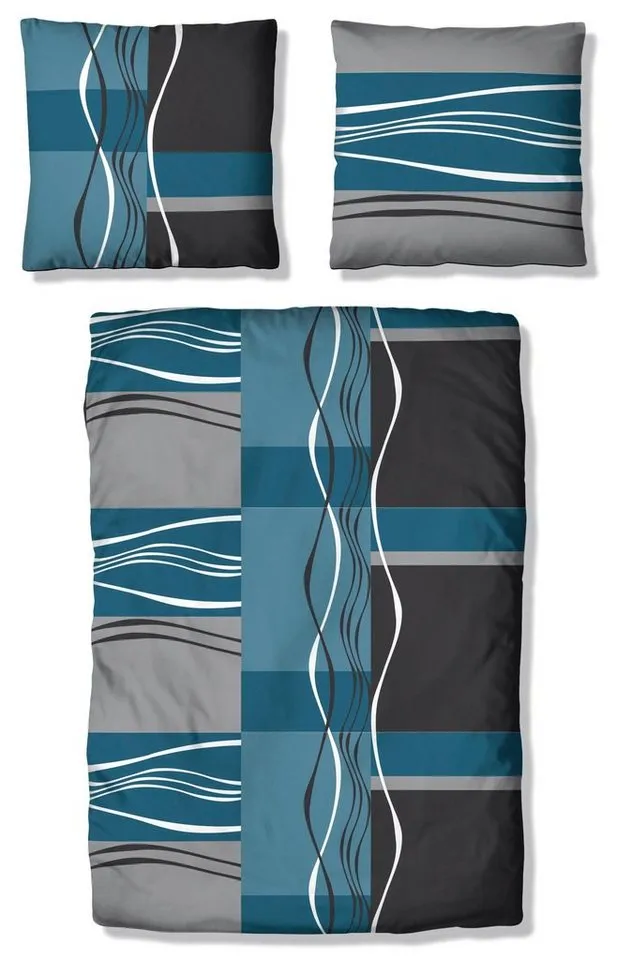 OTTO home Bettwäsche Kelian in Gr. 135x200, 155x220 cm u.a. Bettwäsche-Set mit Baumwolle, Polycotton recycelt, 3 teilig, in verschiedenen Qualitäten, gemusterte Bettwäsche, Blau|grau, – Produktbild 3 von 5