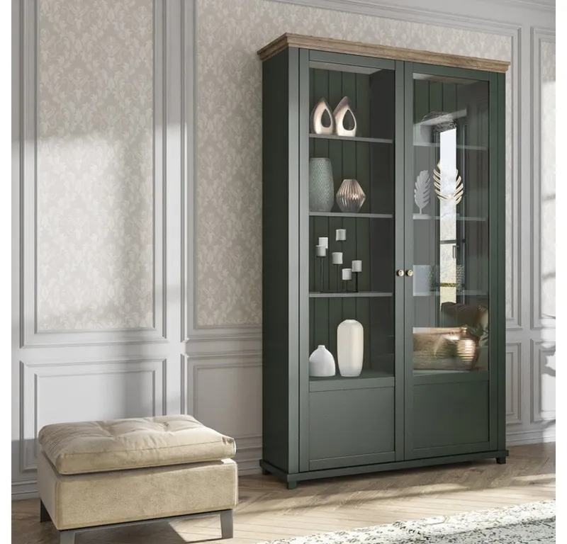 Lomadox Vitrine EPSOM-83 grün Landhaus mit Lefkas Eiche Nb. Knopfgriffe Messing 126/200/42 cm, Grün, – Produktbild 3 von 4