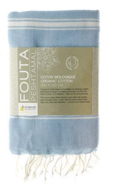 Karawan authentic Karawan authentic Fouta Hamamtuch aus reiner Bio-Baumwolle 200 × 100 cm (Stil HAMMAM), Cloud blue, – Produktbild 4 von 5