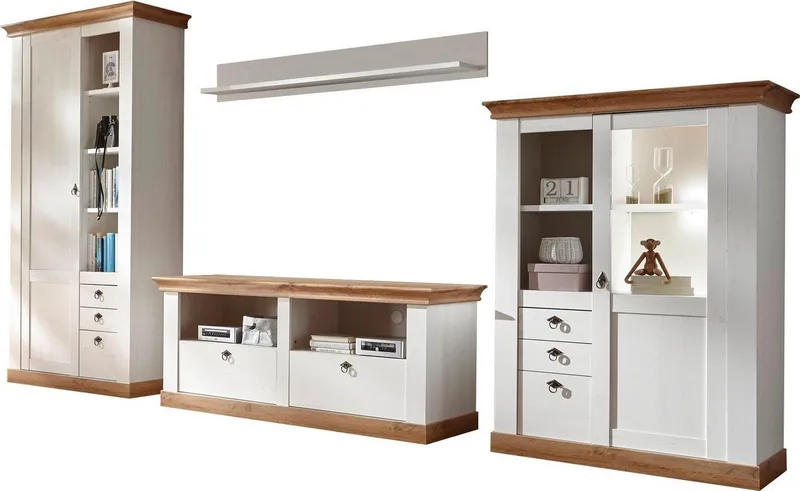 Home affaire Wohnwand Cremona, Anbauwand im Landhausstil, Komplettset, Wohnzimmer-Set, enthält Vitrine, Lowboard, Stauraumelement und Wandboard, 376 cm breit, Weiß, – Produktbild 3 von 5