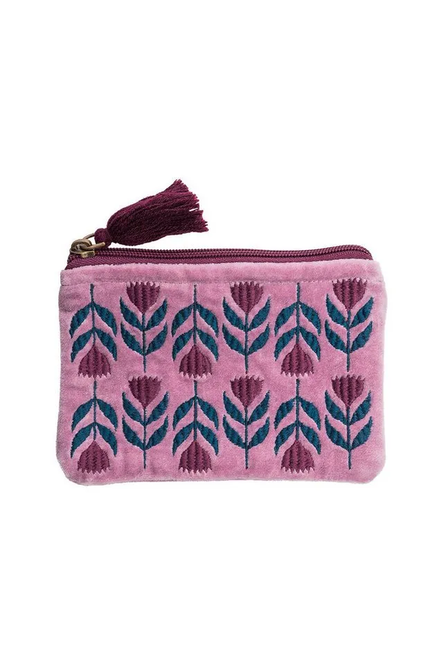 Tranquillo Tranquillo Aufbewahrungstasche aus Bio-Baumwolle FLORAL 16x10 cm rosa mit robustem Reißverschluss, Besticktes Samttäschchen aus GOTS-zertifizierter Bio-Baumwolle, Blau|rosa, – Produktbild 1 von 4