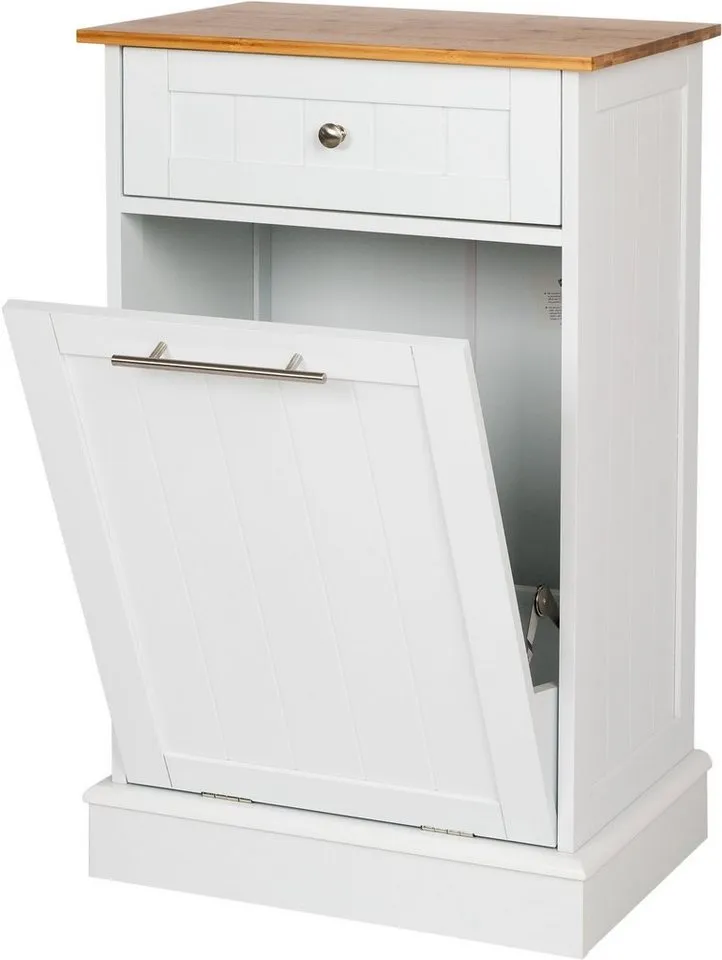 WONDERMAKE Wäschebox Mülleimer-Schrank Wäscheschrank Wäschesammler mit Schublade, Bad Küche, hoch aus Holz + Bambus, Wäschetruhe Abfallschrank ausklappbar klappbar, Weiß, – Produktbild 2 von 5
