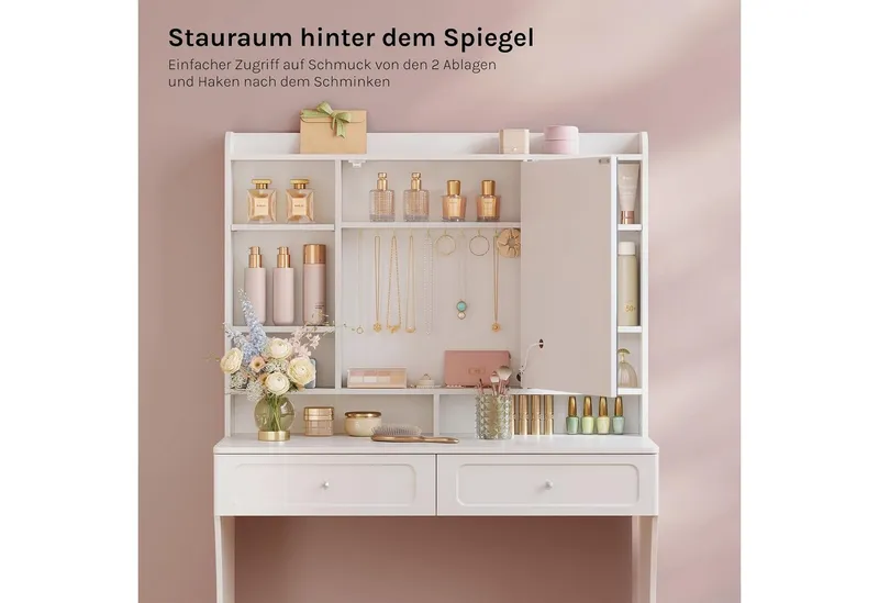 Woltu Schminktisch (1-St), mit Spiegel und Beleuchtung, mit offenen Ablagen, Weiß, – Produktbild 4 von 5