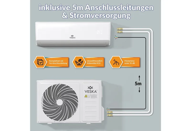 VESKA VESKA Split-Klimagerät Inverter Klimaanlage 12000 BTU - 3,5 KW - 2in1 Kühlen und Heizen, mit WiFi/App Funktion, Fernbedienung, Timer, inkl. Montagematerial – Produktbild 4 von 5