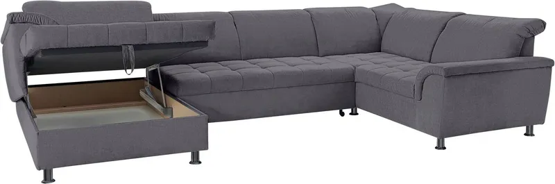 DOMO collection Wohnlandschaft FRANZI optional mit Bettfunktion, Bettkasten & Kopfteilverstellung, U-Form, Recamiere links, dunkelgrau, B/T: 352/214 cm, Grau, – Produktbild 3 von 5