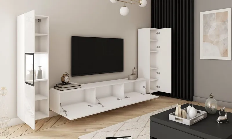 Home affaire Wohnwand BERLIN III, Vitrine Türschlag links/rechts wechselbar, (Komplett-Set, 3-St), moderne grifflose Mediawand Breite 260 cm, Vitrine mit Verglasung, Weiß, – Produktbild 4 von 5