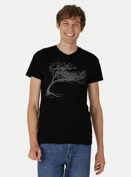 Peaces.bio - handbedruckte Biomode Peaces.bio - handbedruckte Biomode Bio-Herren-T-Shirt V-Neck Windy Tree, Schwarz, – Produktbild 2 von 2