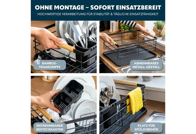 eluno Geschirrständer Metall-Abtropfgestell mit Abtropfschale für Geschirr mit Besteckhalter, Schwarz, – Produktbild 4 von 5