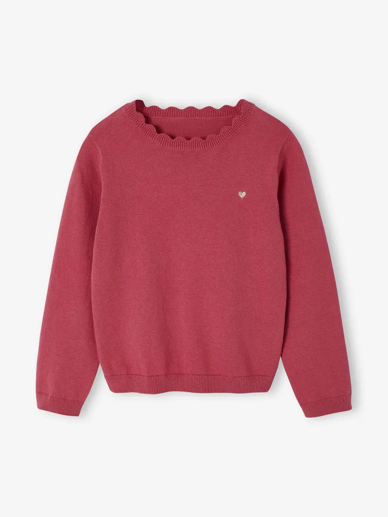 Vertbaudet Mädchen Pullover mit Herz-Stickerei & Wellenausschnitt BASIC, Himbeer, – Produktbild 1 von 3