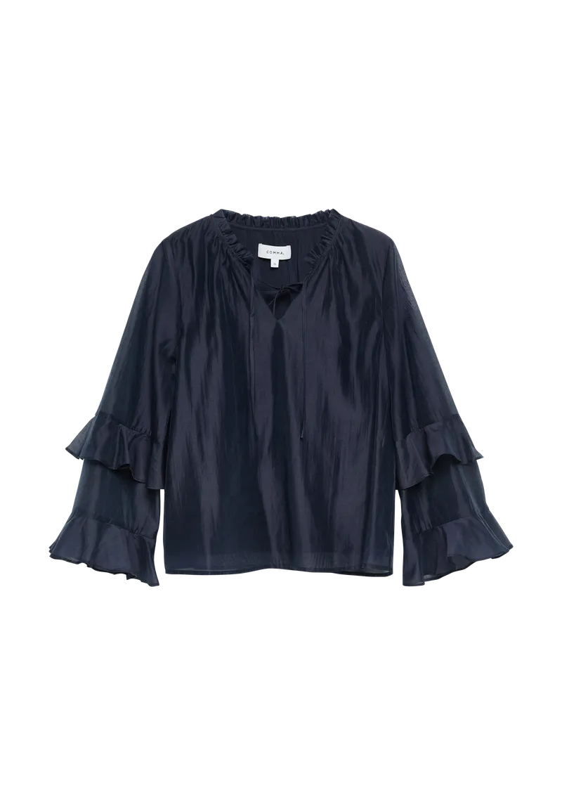 comma Lyocell-Bluse mit Volantärmeln, Blau, – Produktbild 1 von 3