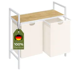 STEELSØN Wäschekorb Rigil aus Metall (2 Fächer (90 L) mit 1 Bambus-Ablage, weiß), auch verfügbar mit 3 oder 4 Fächern, ausziehbar & abnehmbar – Produktbild 1 von 1