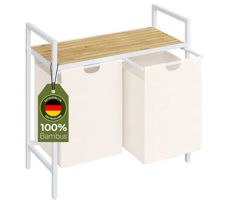 STEELSØN Wäschekorb Rigil aus Metall (2 Fächer (90 L) mit 1 Bambus-Ablage, weiß), auch verfügbar mit 3 oder 4 Fächern, ausziehbar & abnehmbar, Weiß, – Produktbild 1 von 5
