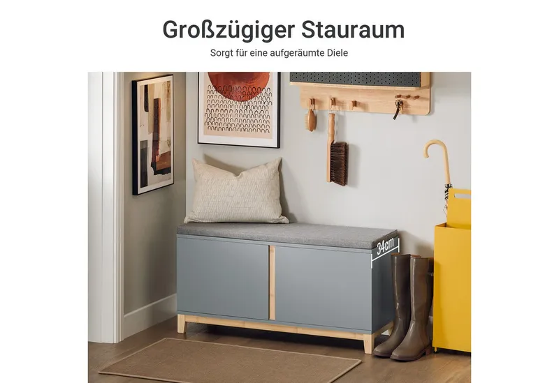 SoBuy Schuhbank FSR117, Schuhtruhe Sitzkommode Schuhregal mit sitzbank Sitzbank schmal, mit Sitzfläche Garderobenbank Sitzbank mit Stauraum Dielenbank, Grau, – Produktbild 2 von 5