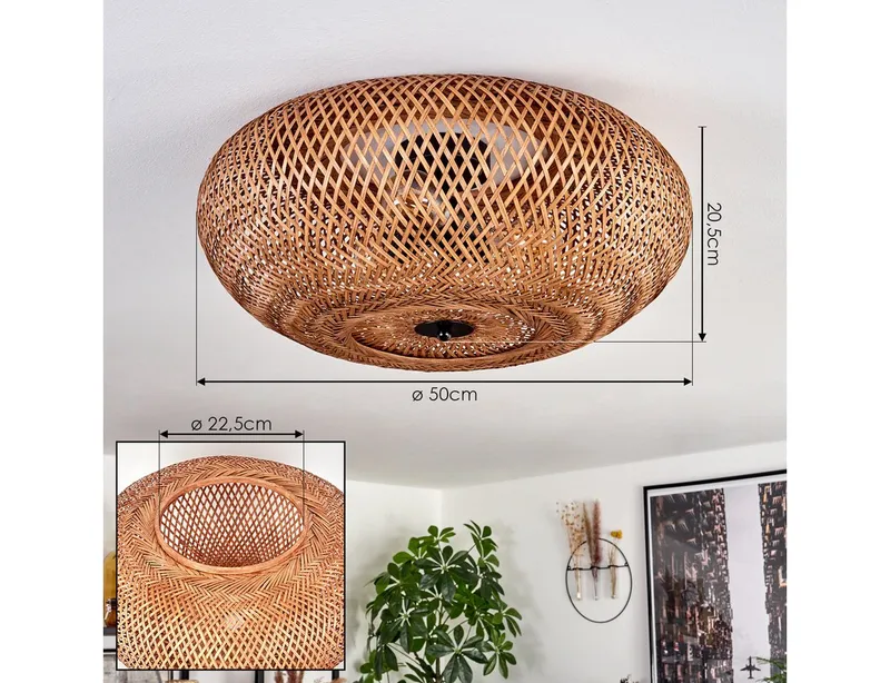hofstein Deckenleuchte moderne Deckenlampe aus Metall/Bambus/Holz in Schwarz/Natur, ohne Leuchtmittel, Boho-Design Deckenleuchte,Lichteffekt, Ø50cm, 3xE27, ohne Leuchtmittel, Beige|schwarz, – Produktbild 4 von 5