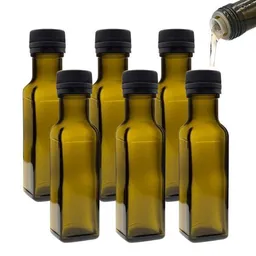mikken mikken 6er Set Ölflaschen 100 ml - 750 ml mit Ausgießer braune / grüne Glasflasche mit Dosierer Dosierflasche inkl. 6 Etiketten – Produktbild 1 von 1
