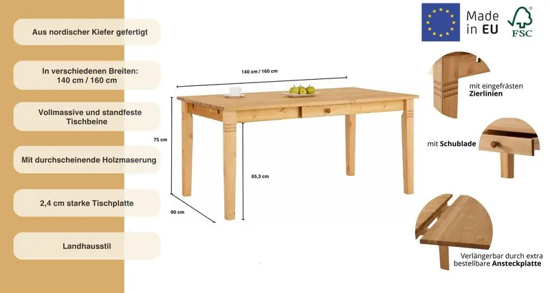 OTTO home Esstisch Danuta, Tisch, Speisetisch, wahlweise mit Schublade, aus massiver Kiefer, FSC®-zertifiziert, Braun, – Produktbild 4 von 8