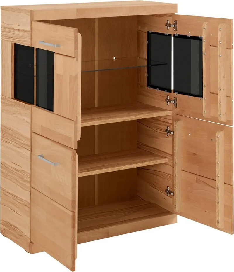 OTTO home Highboard Ribe,85cm breit,115cm hoch, Fronten Massivholz,4 breite Fächer, Korpus Holzwerkstoff,2Türen mit Glaseinsatz, Böden versetzbar, Braun, – Produktbild 4 von 5