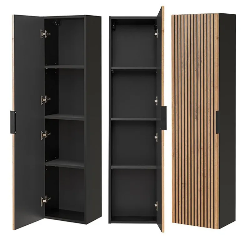 Lomadox Badmöbel-Set XANTEN-56, (Spar-Set, 3-St), anthrazit, Wotan Eiche Nb Rillen schwarz, Waschtisch, Hochschrank, Braun|grau, – Produktbild 2 von 5