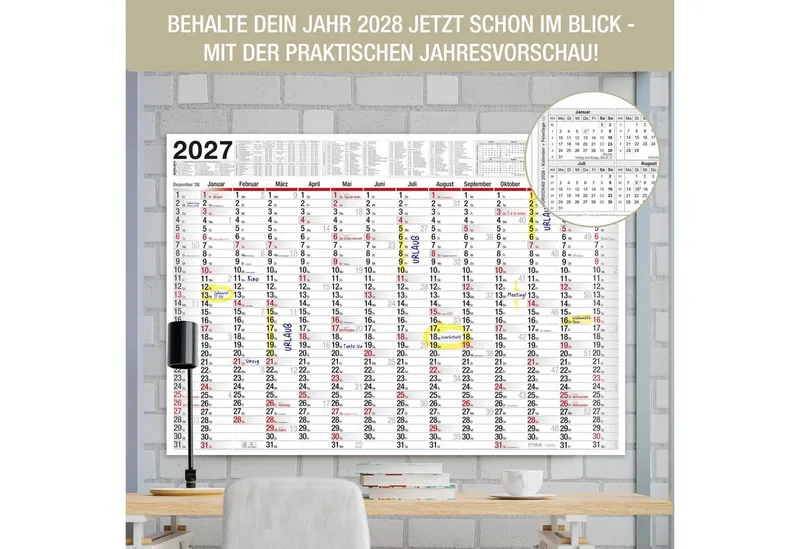 TOBJA Wandkalender Wandkalender 2027 XXL B1 Gefalzt 70x100 cm Jahresplaner, 14 Monate, Ferien DE/AT, KW, FSC, gefalzt, Weiß, – Produktbild 5 von 5
