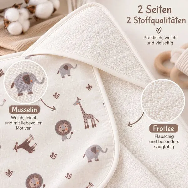 Bebekevi Bebekevi Baby Kapuzenbadetuch 75 × 75 cm aus Musselin & Frottee | Weiche Musselin-Innenseite | inkl. Waschhandschuh | Gemustert, Naturweiß forrest, – Produktbild 4 von 4