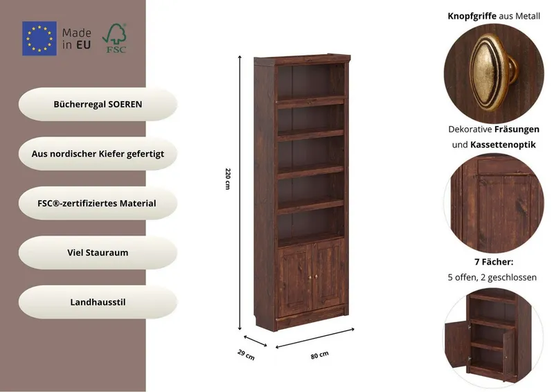 OTTO home Bücherregal mit 2 Türen Soeren Regal Aktenregal B/T/H: 80/29/220 cm, massive Kiefer, FSC®-zertifiziert, Braun, – Produktbild 3 von 4