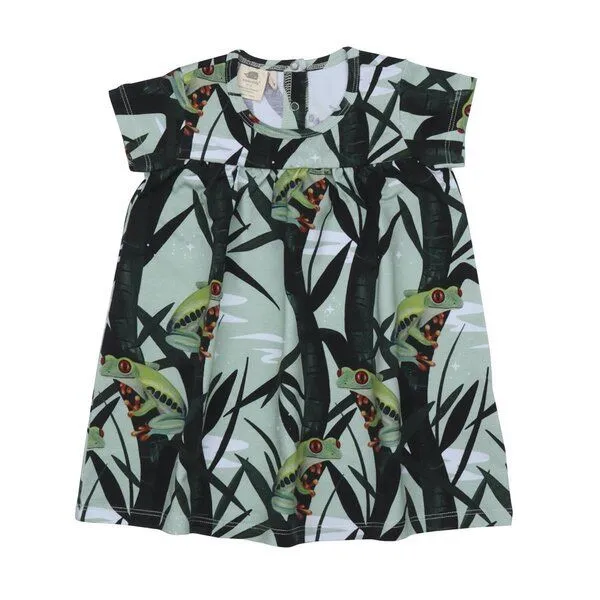 Walkiddy Kleinkinder Kleid GOTS zertifiziert, grün, Frosch-Allover, Kurzarm, weich – Walkiddy – Produktbild 1 von 3