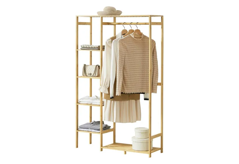 en.casa Garderobenständer, »Eurajoki« Kleiderständer, 4 Ablagefächer, 2 Ablageflächen, Bambus, Beige, – Produktbild 2 von 4